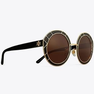 Tory Burch Womens Black/Gold Round Enamel Sunglasses